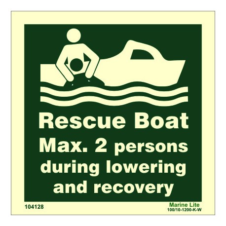RESCUE BOAT MAX 2 PERSONS DURING LOWERING AND RECOVERY  (15x15cm) Phot.Vin. IMO sign 104128 / LSS002