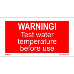 WARNING - TEST WATER TEMPERATURE BEFORE USE  (7,5x14cm) White Vin. IMO sign 178000WV