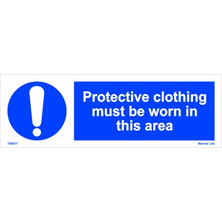 PROTECTIVE CLOTHING MUST BE WORN IN THIS AREA  (10x30cm) White Vin. IMO sign 195677WV