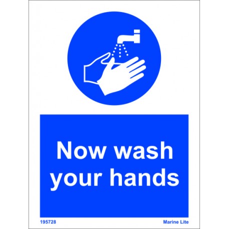NOW WASH YOUR HANDS  (20x15cm) White Vin. IMO sign 195728WV