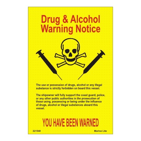 Señal IMO PÓSTER ADVERTENCIA DE USO DE DROGAS Y ALCOHOL (15x10,5cm) Yellow Vin. IMO symbol 221540YV