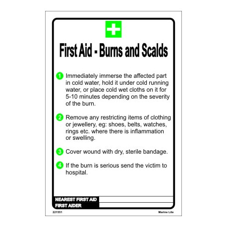 Póster FIRST AID-BURNS AND SCALDS  (30x20cm) White Vin. IMO symbol 221551WV