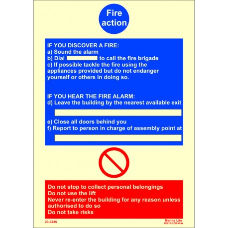 FIRE ACTION. INSTRUCTIONS ON WHAT TO DO IF YOU DISCOVER A FIRE  (30x20cm) Phot.Vin. IMO symbol 230235