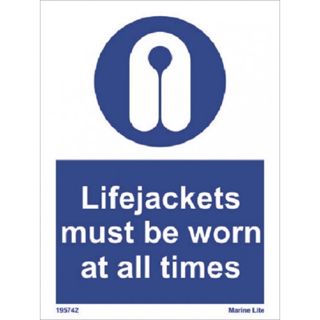 LIFEJACKETS MUST BE WORN AT ALL TIMES  (20x15cm) White Vin. IMO symbol 195742WV
