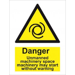 Danger unmaned machinery space, machinery may start without warning  (20x15cm) White Vin. IMO sign 187542WV