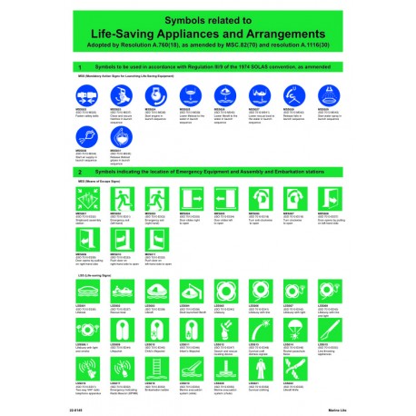 SYMBOLS RELATED TO LIFE-SAVING APPLIANCES AND ARRANGEMENTS POSTER (45x32cm) White Vin. IMO symbol 22-0145WV